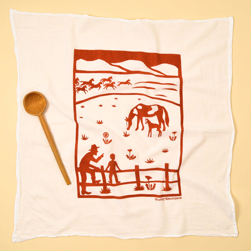 Kei & Molly Horses Flour Sack Dish Towel in Rust Full View