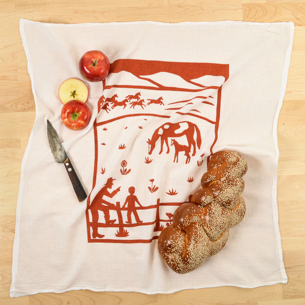Kei & Molly Horses Flour Sack Dish Towel in Rust with Props