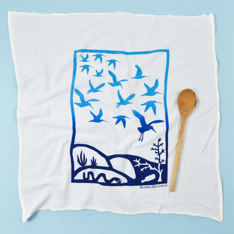 Kei & Molly Immigration/Migration Flour Sack Dish Towel in Two Tone Blue with Props