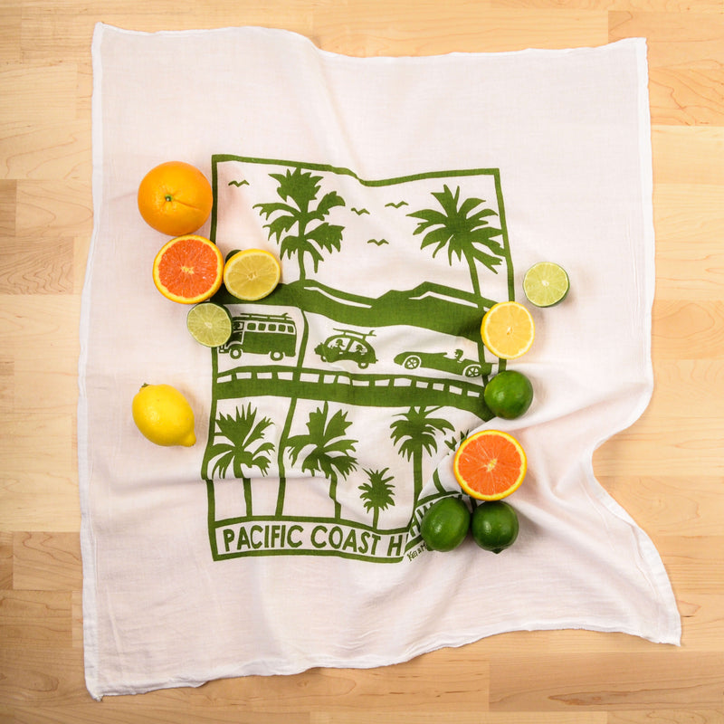 Kei & Molly Pacific Coast Highway Flour Sack Dish Towel in Green with Props