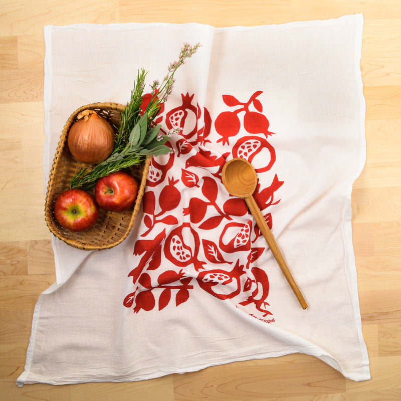 Kei & Molly Pomegranate Flour Sack Dish Towel in Red with Props
