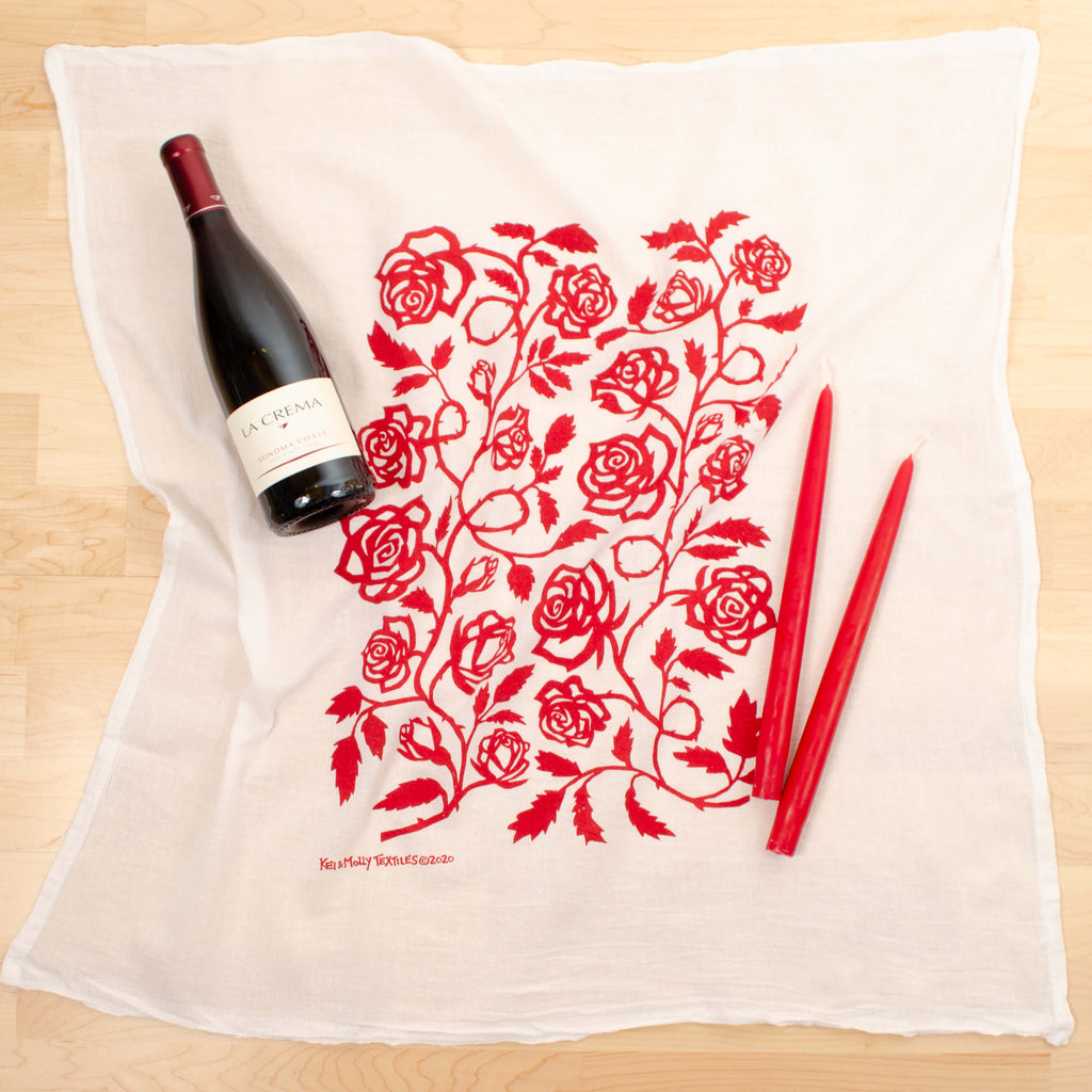Kei & Molly Roses Flour Sack Dish Towel in Red with Props