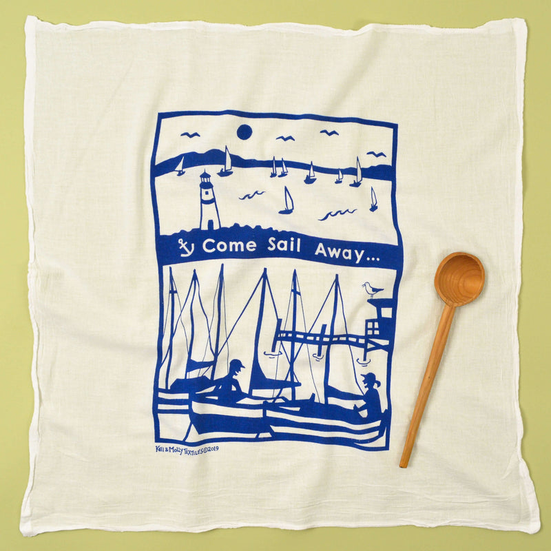 Kei & Molly Sail Away Flour Sack Dish Towel in Marine Blue Full View