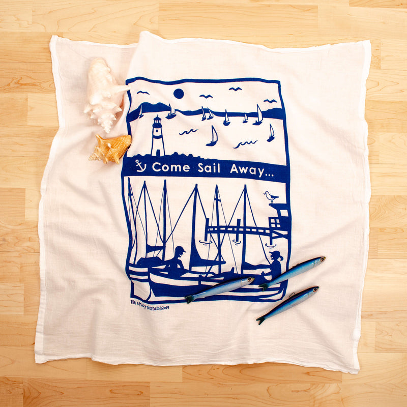 Kei & Molly Sail Away Flour Sack Dish Towel in Marine Blue with Props