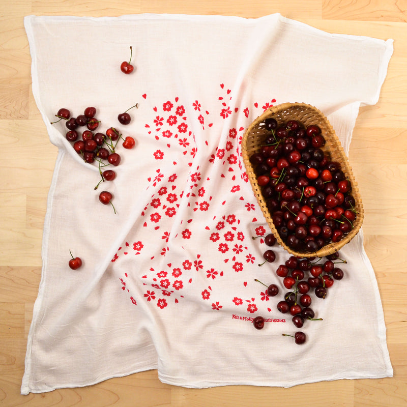 Kei & Molly Sakura Flour Sack Dish Towel in Raspberry with Props