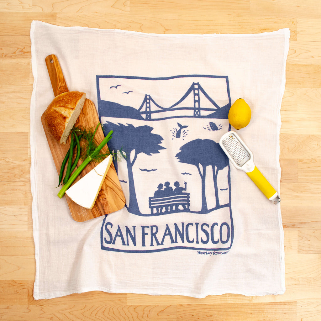 Kei & Molly San Francisco Flour Sack Dish Towel in Steel Blue with Props