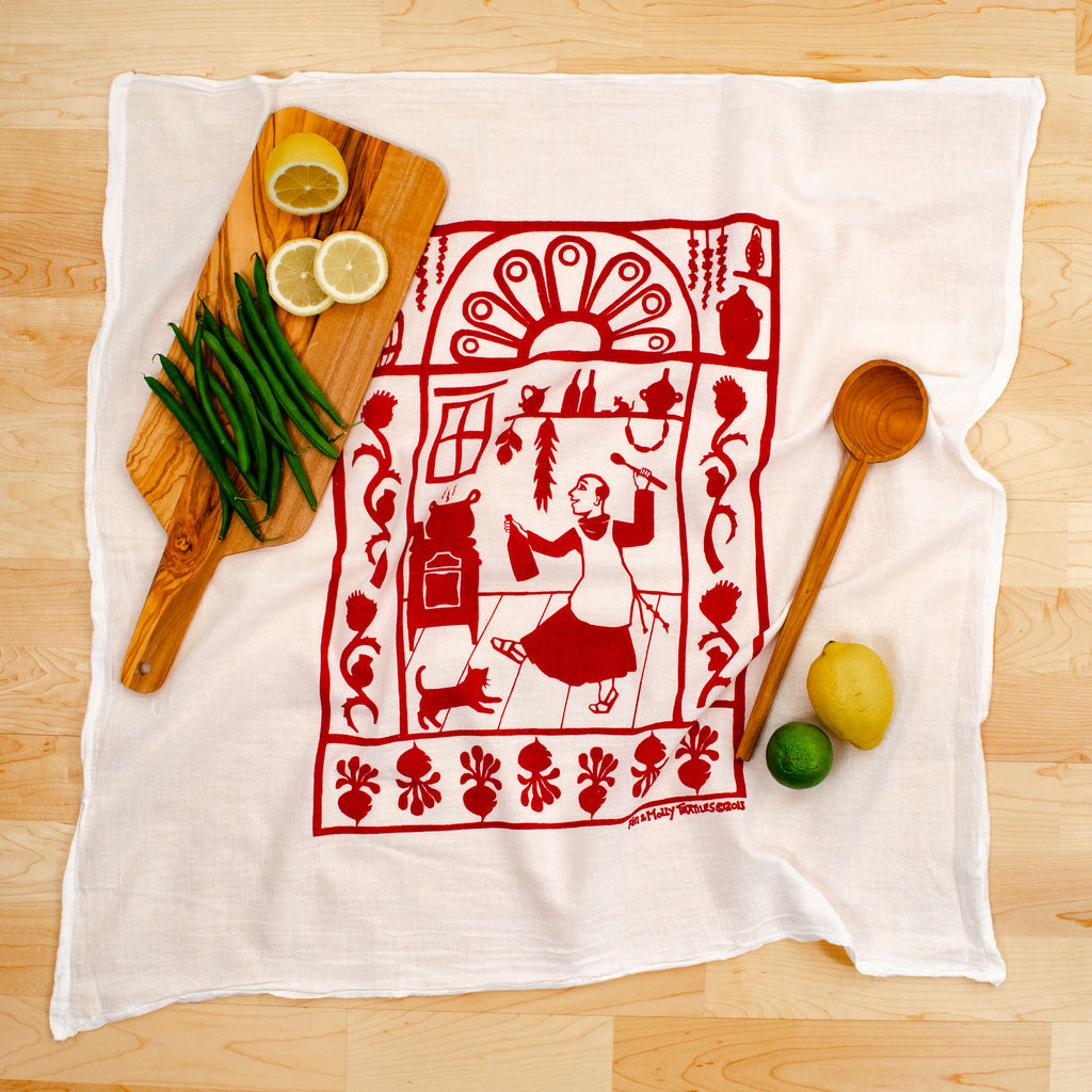 Kei & Molly San Pascual Flour Sack Dish Towel in Red with Props