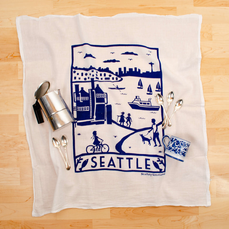 Kei & Molly Seattle Flour Sack Dish Towel in Navy with Props