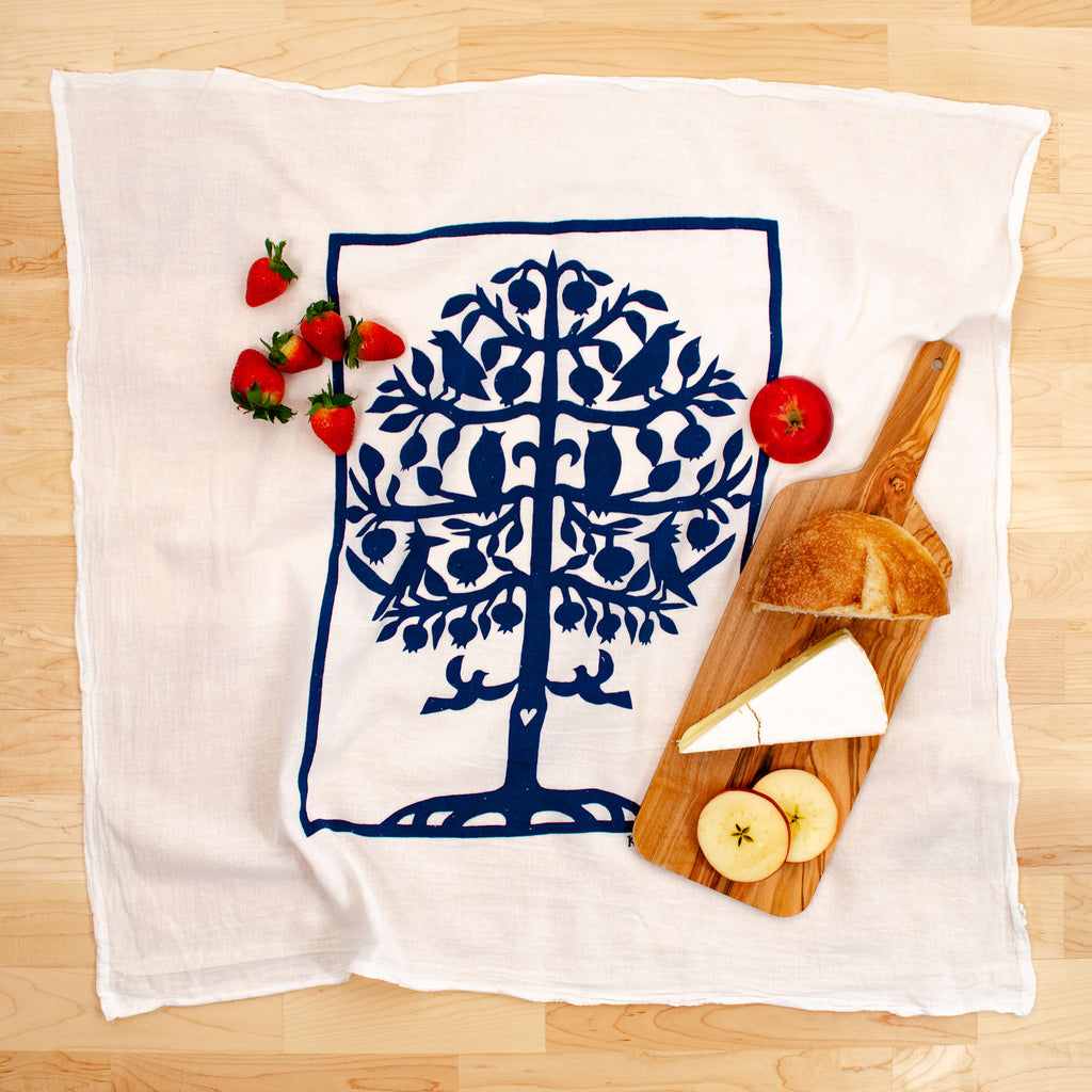 Kei & Molly Tree of Life Flour Sack Dish Towel in Indigo with Props