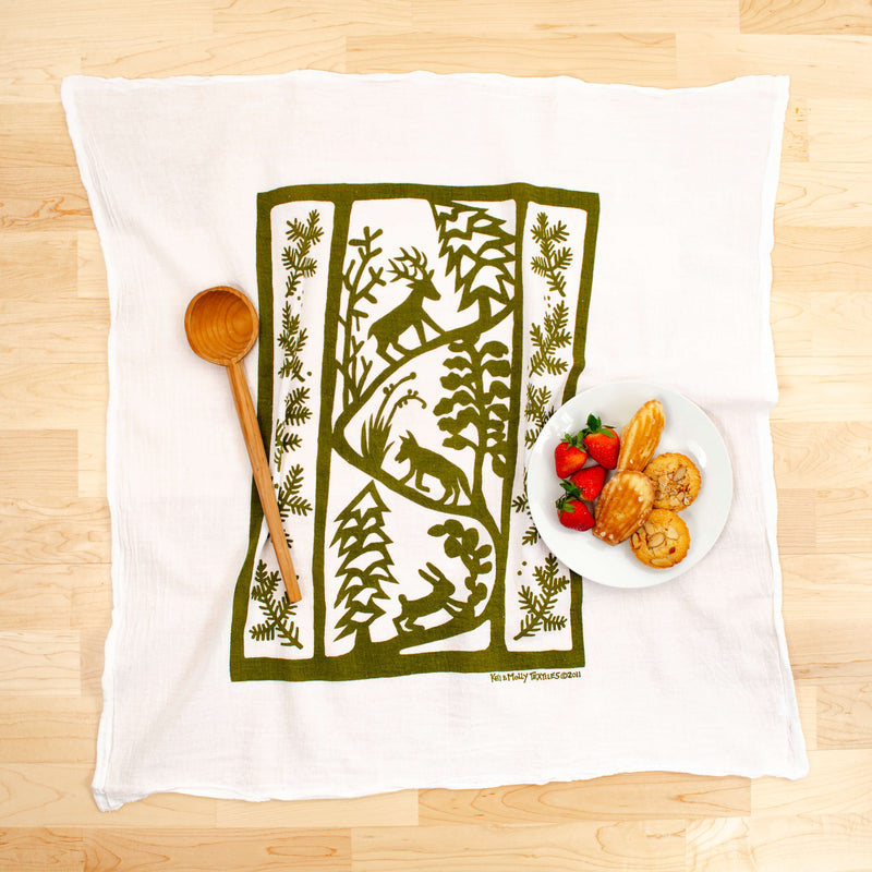 Kei & Molly Winter Animals Flour Sack Dish Towel in Olive Green with Props