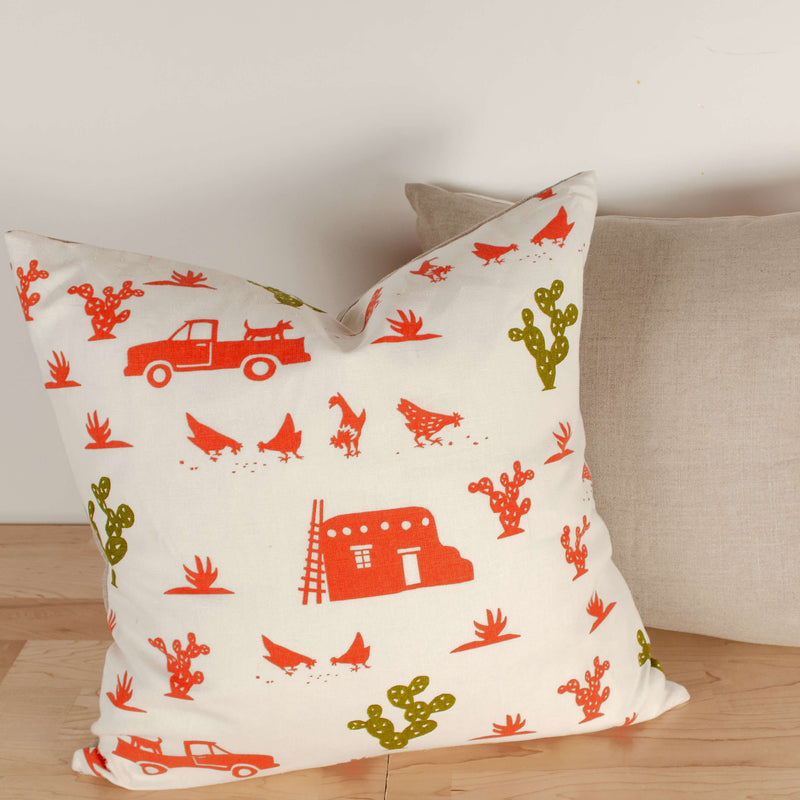 Kei & Molly Pillow Cover in Pueblo Design in Desert Coral and Olive Green Filled View