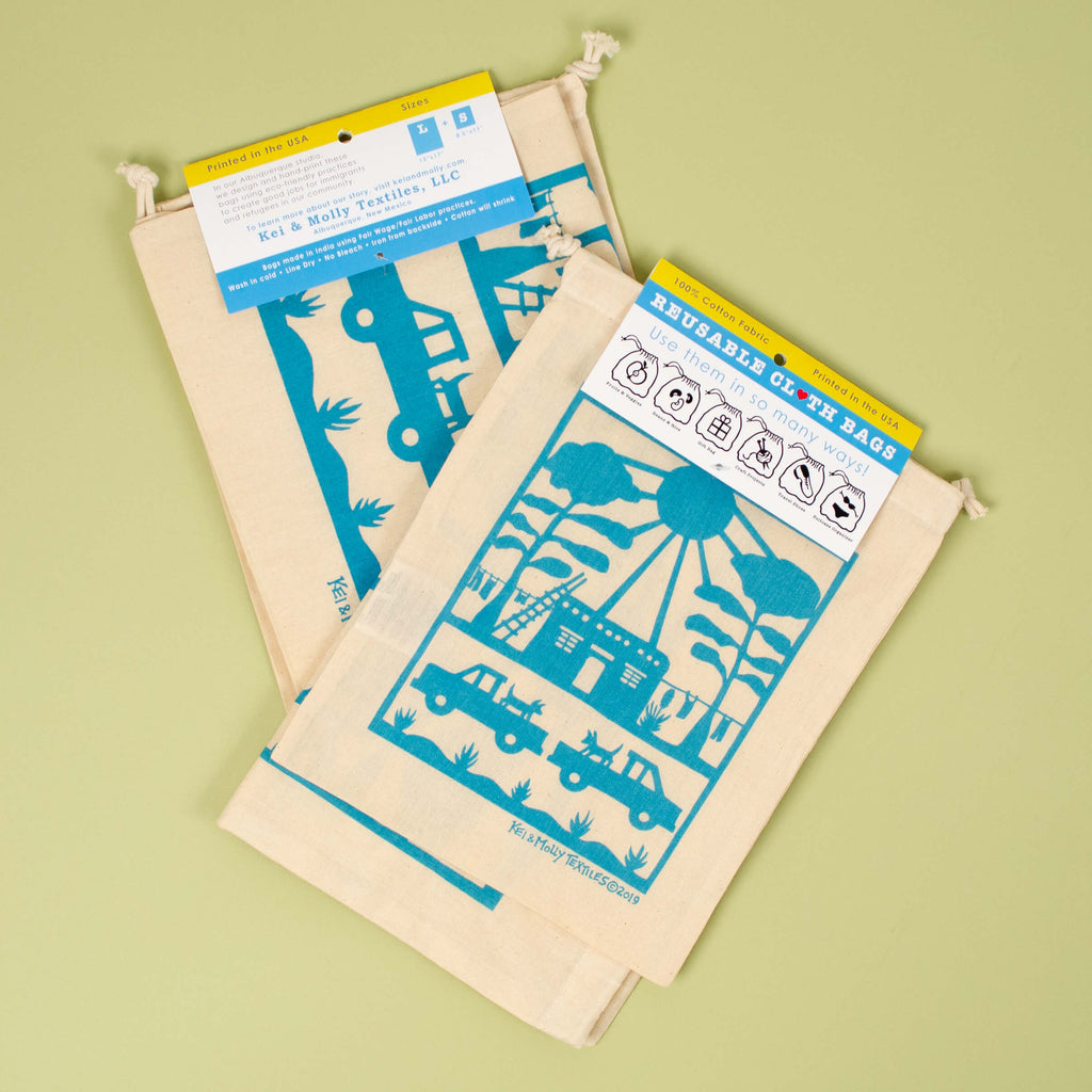 Kei & Molly Reusable Cloth Bag Set in Adobe House Design in Turquoise with Fold Over Tag