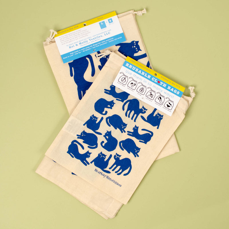 Kei & Molly Reusable Cloth Bag Set in Cats Design in Marine Blue with Fold Over Tag