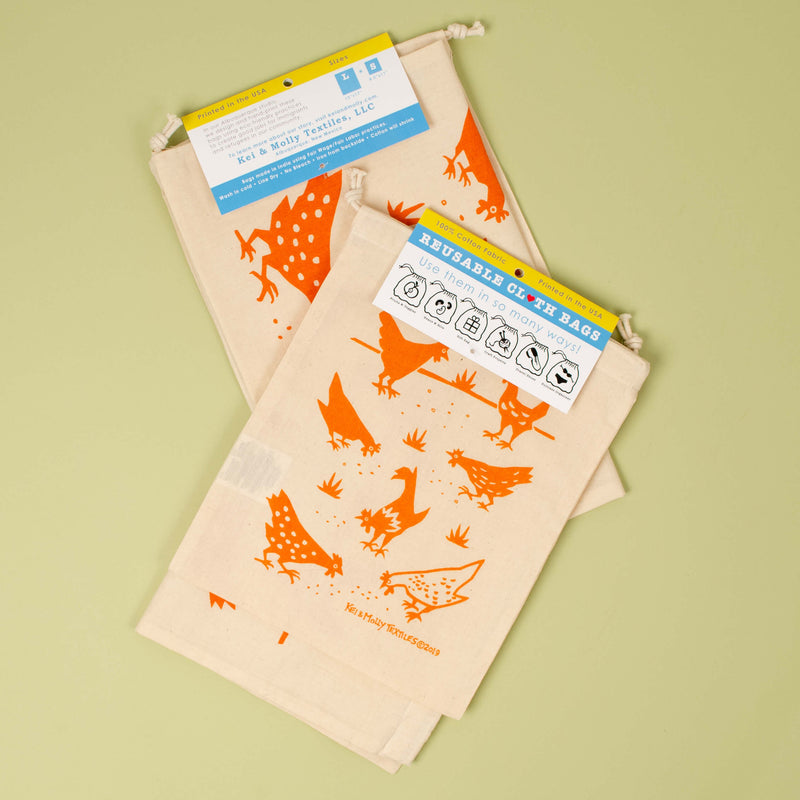 Kei & Molly Reusable Cloth Bag Set in Chickens Design in Orange with Fold Over Tag