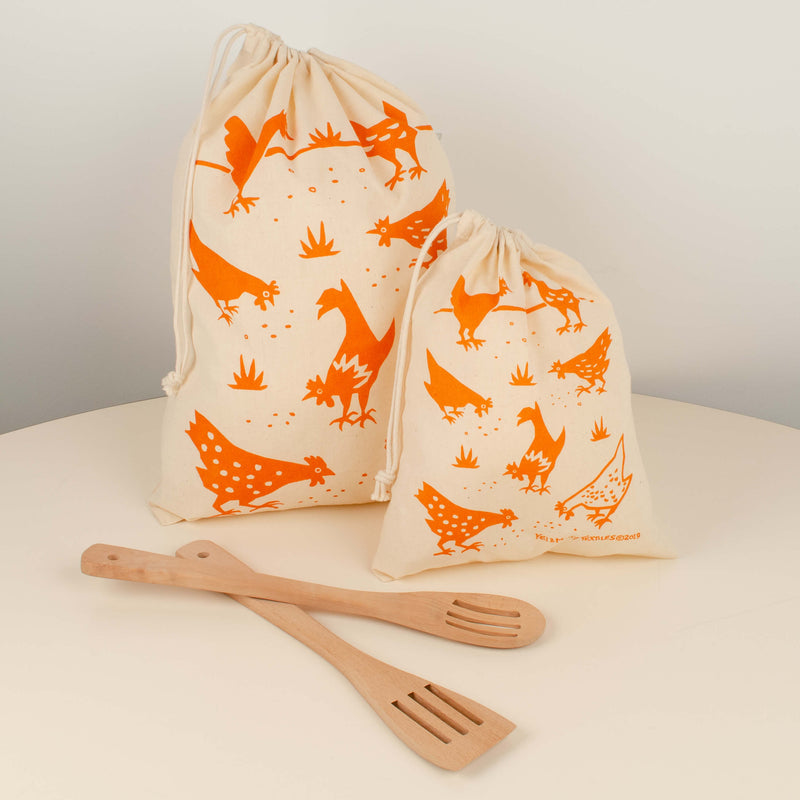 Kei & Molly Reusable Cloth Bag Set in Chickens Design in Orange with Props