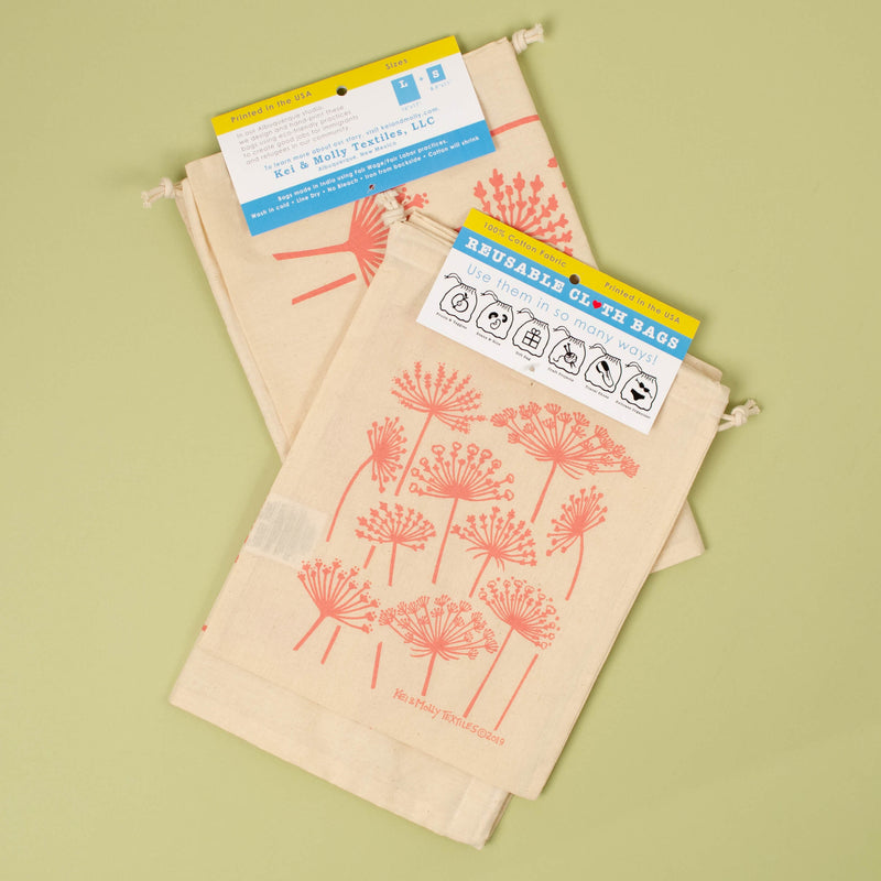 Kei & Molly Reusable Cloth Bag Set in Queen Anne's Lace Design in Dusty Rose with Fold Over Tag