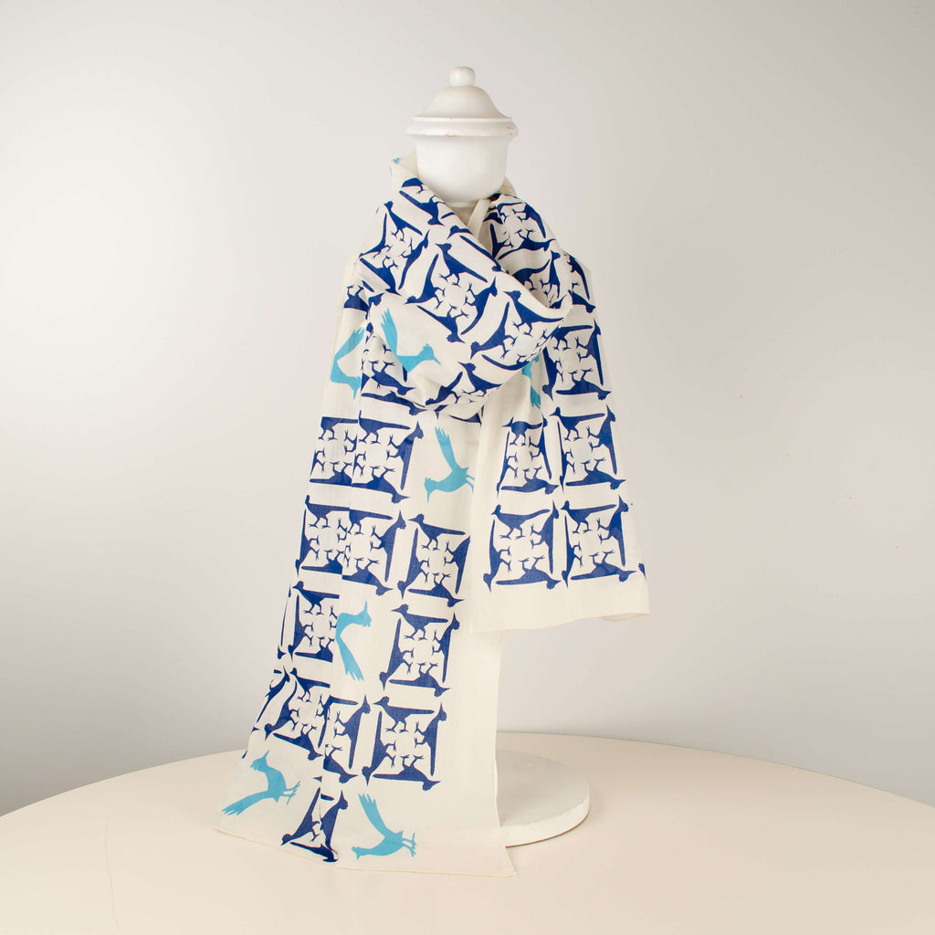 Kei & Molly Scarf in Roadrunners Design in Indigo and Turquoise Full View