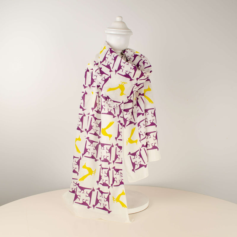 Kei & Molly Scarf in Roadrunners Design in Grape & Gold Full View