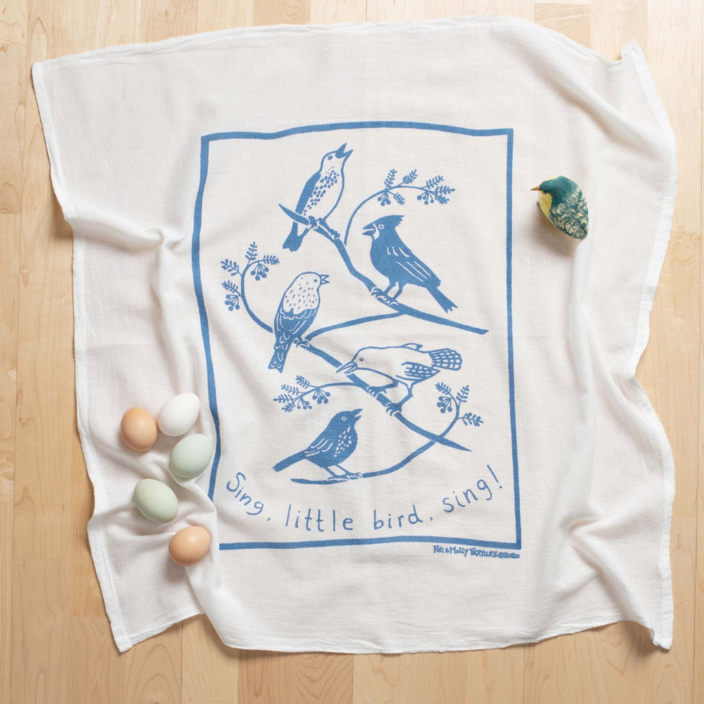 Kei & Molly Songbirds Flour Sack Dish Towel in Steel Blue with Props