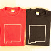 Maude Andrade Bamboo t-shirts in red and black with New Mexico state outline, shown here folded.
