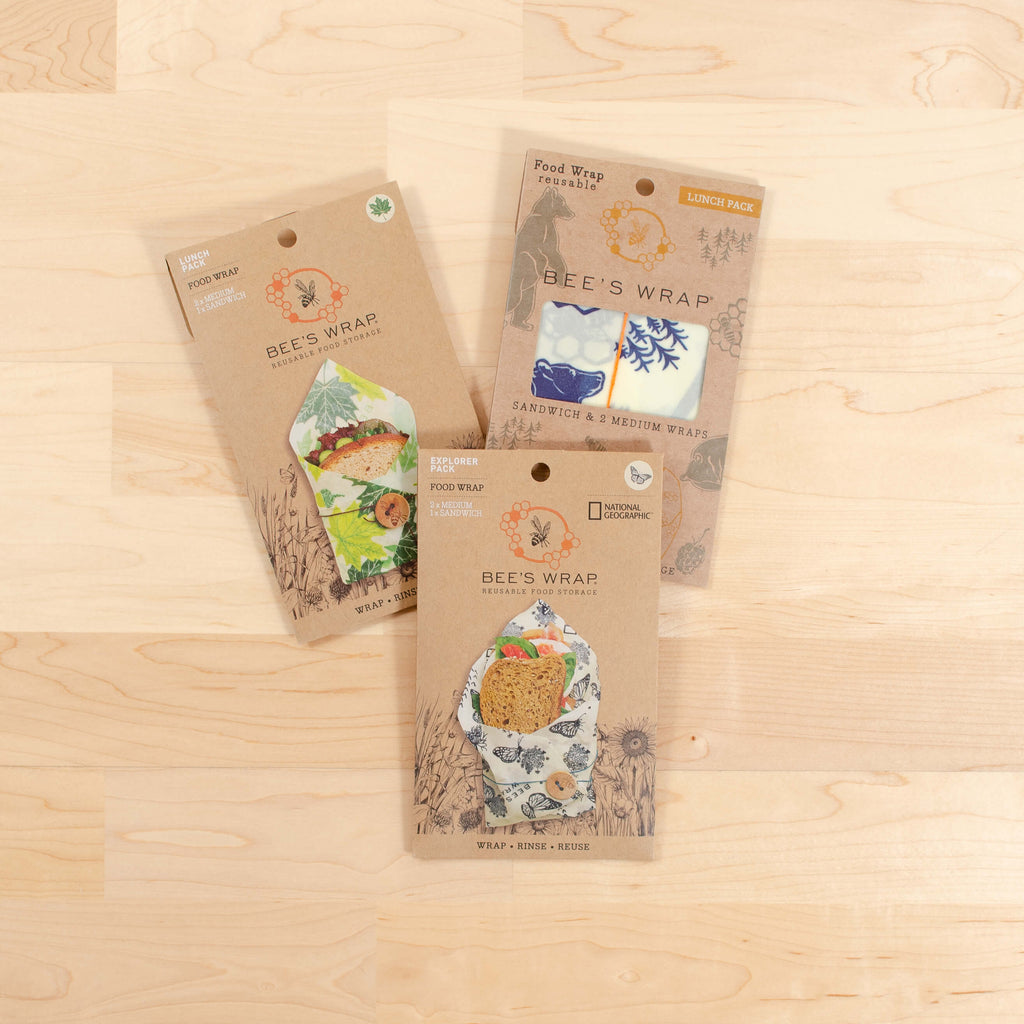 Bees wrap, reusable food wrap lunch packs, shown in package offered in different patterns.
