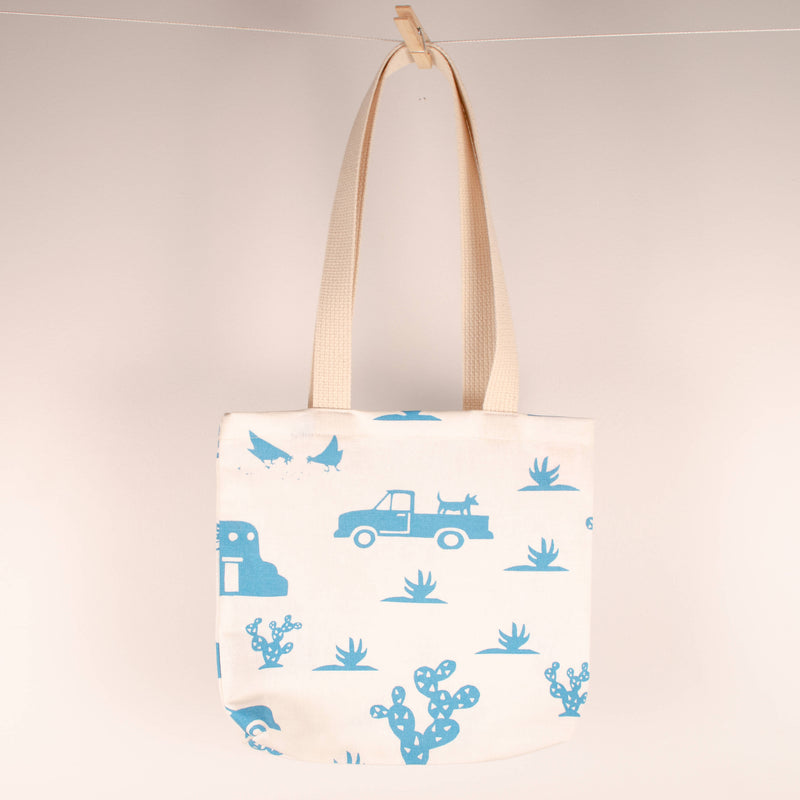 Kei & Molly Textiles Mini tote Bag "Pueblo" design printed in turquoise 