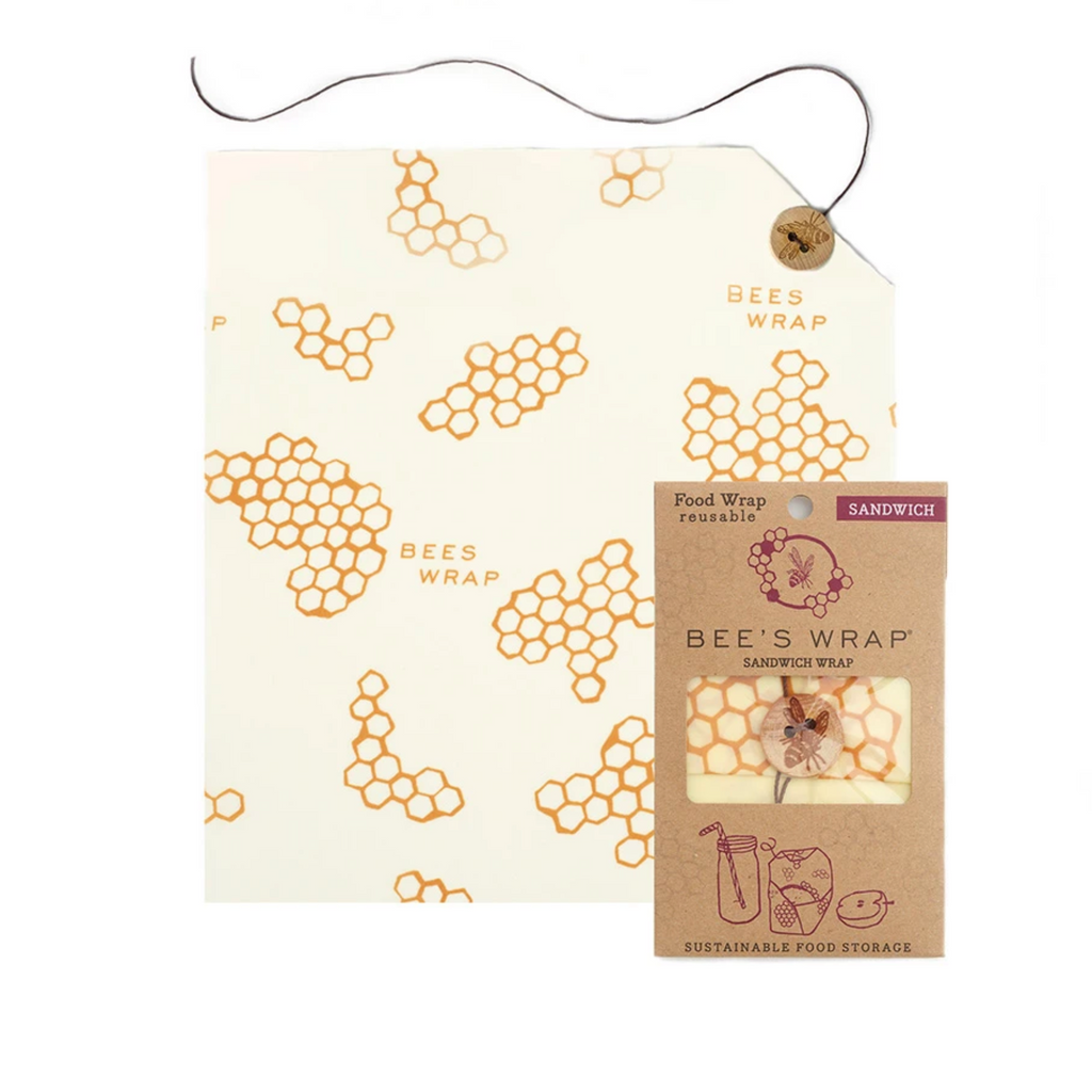 Bees wrap, reusable food wrap, sandwich wrap in honey comb print with package