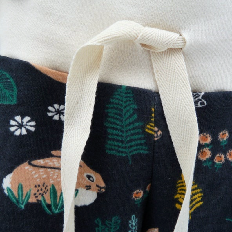 Baby pants by Kinder Sprouts: bunnies, close up tie front