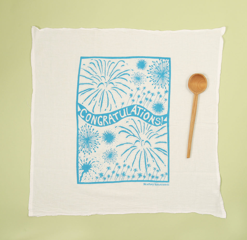 Kei & Molly Congratulations flour sack dish towel in turquoise.