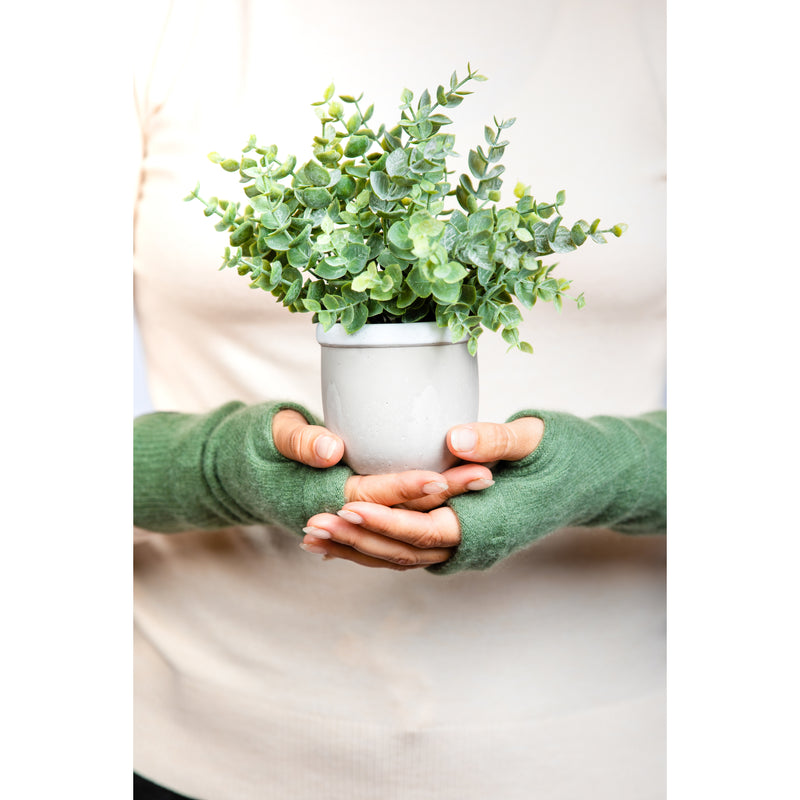 B. B Sheep cashmere fingerless gloves in light green. Model holding a plant.