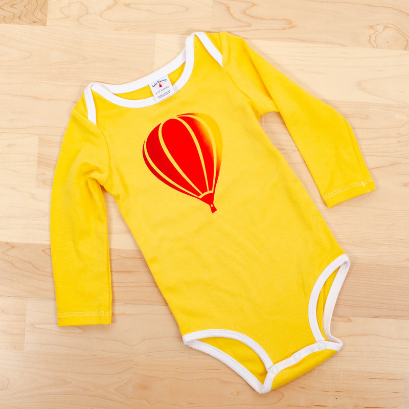 Baby Blast Off Onesie: Hot Air Balloon, on yellow, long sleeve