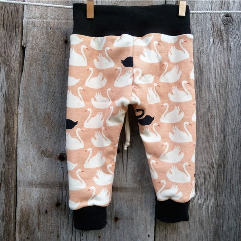 Baby pants by Kinder Sprout: swans, back view